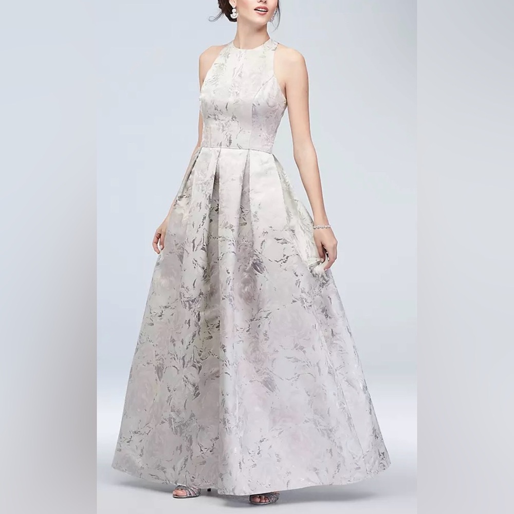 Alex evrning Silver Floral Ball Gown Dress